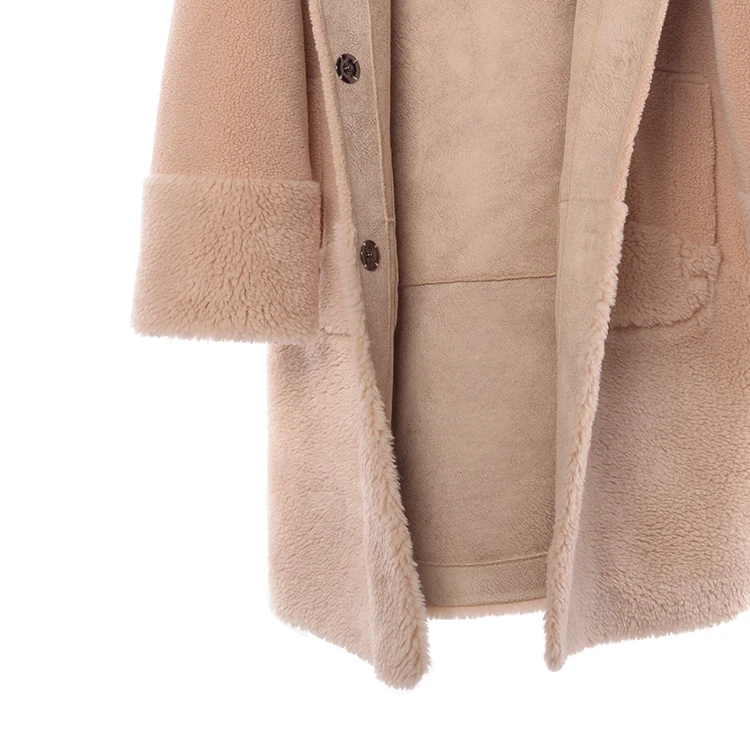 New product JTF women wholesale ladies  eco woolen winter lamb fur suede shearling with hooded wool coat