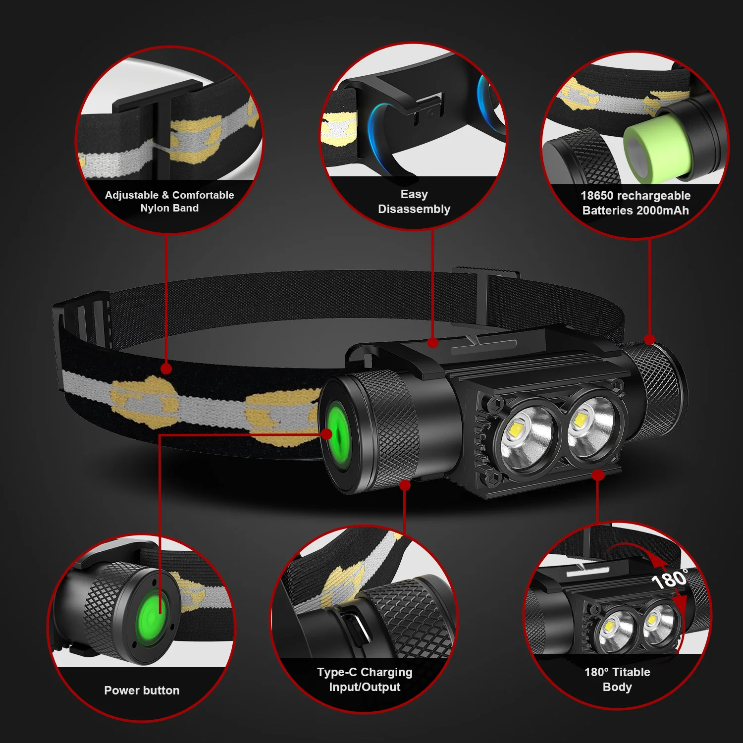 Outdoor USB Rechargeable LED Headlamp Multifunction Bicycle Headlamp Light for Working Ridding