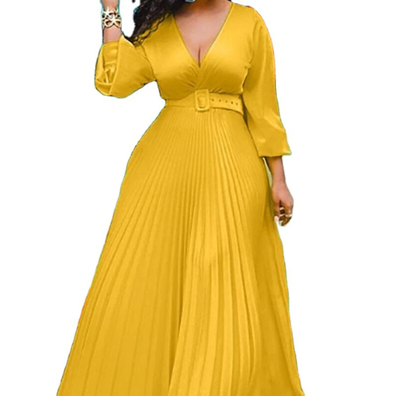 High quality high waisted slimming solid color temperament retro chiffon long sleeved dress (with belt included)