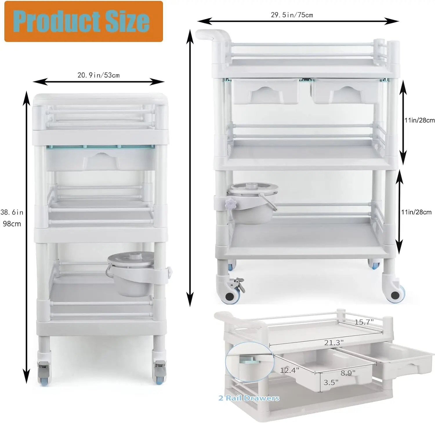 Utility Medical 3-Tier Esthetician Beauty Salon SPA Commercial Hospital Office Lab Rolling Cart trolley with Drawers