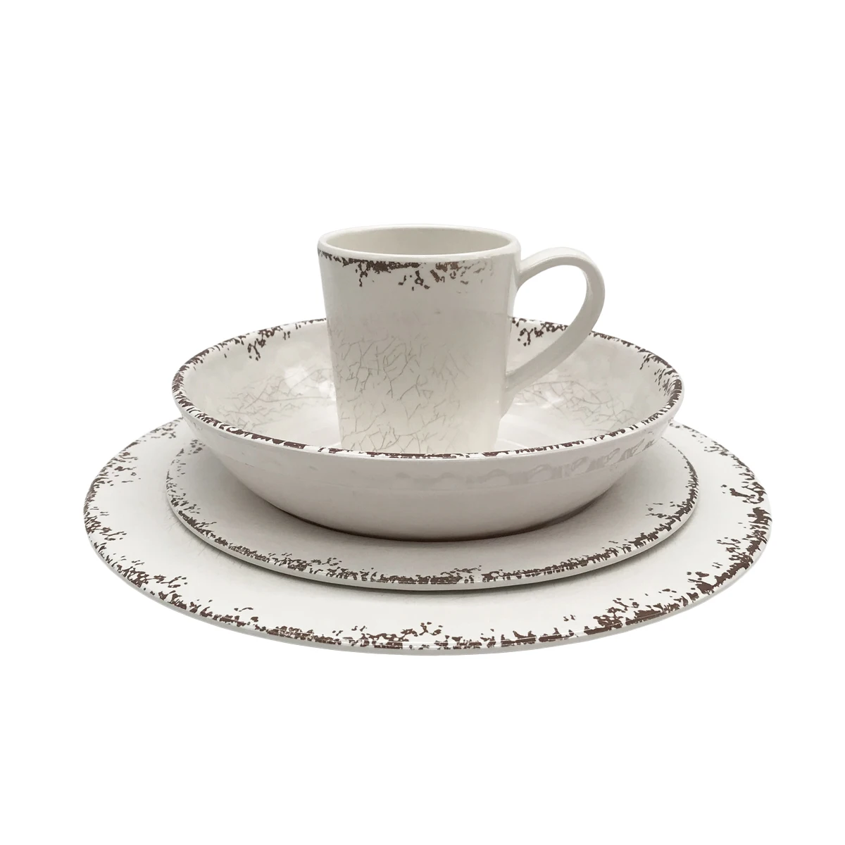 
wholesale EU food grade 16 pieces hard plastic reusable melamine cream rustic vintage round dinner plate bowl dinnerware set 