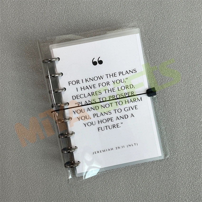 Custom A4 A5 A6 A7 clear binder transparent vinyl plastic planner cover 6 black ring notebook with elastic string closure