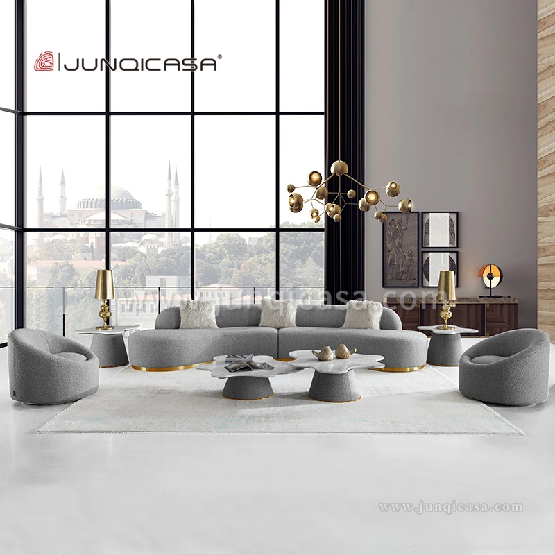 Fancy Grey Fabric Curved Sofa Modern Luxury U Shape Sofa Set Furniture With Stainless Steel Base