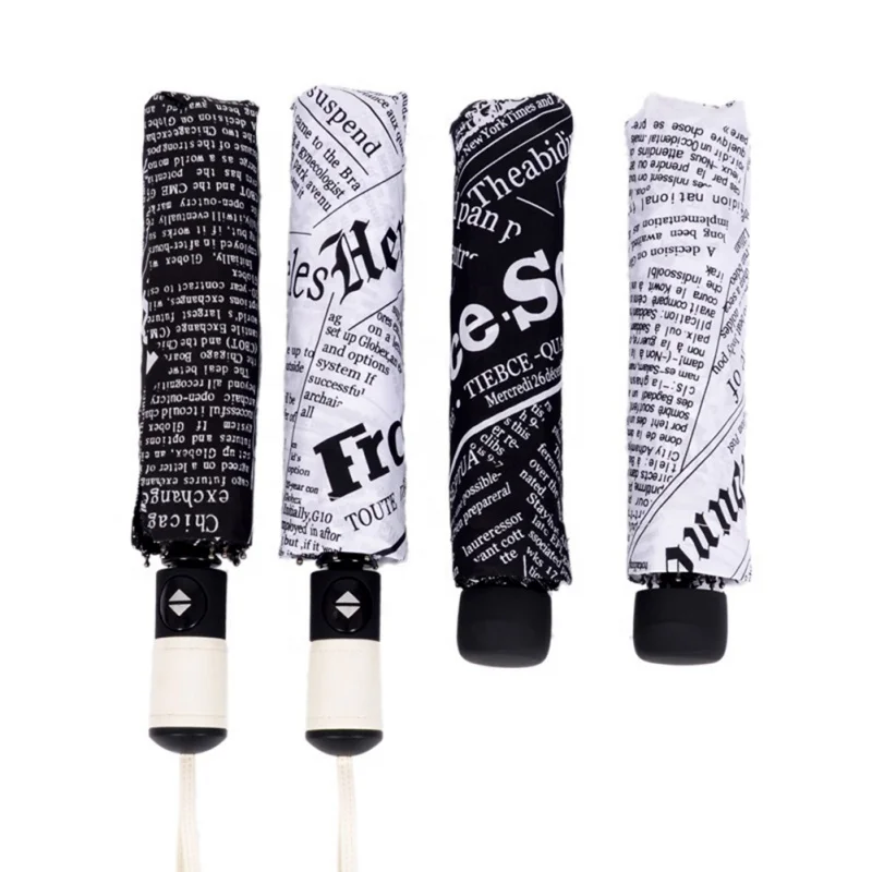Cheap Price Fashion Customized Gift Newspaper Print 3 Folding Auto Opening Umbrella with PU Leather Handle