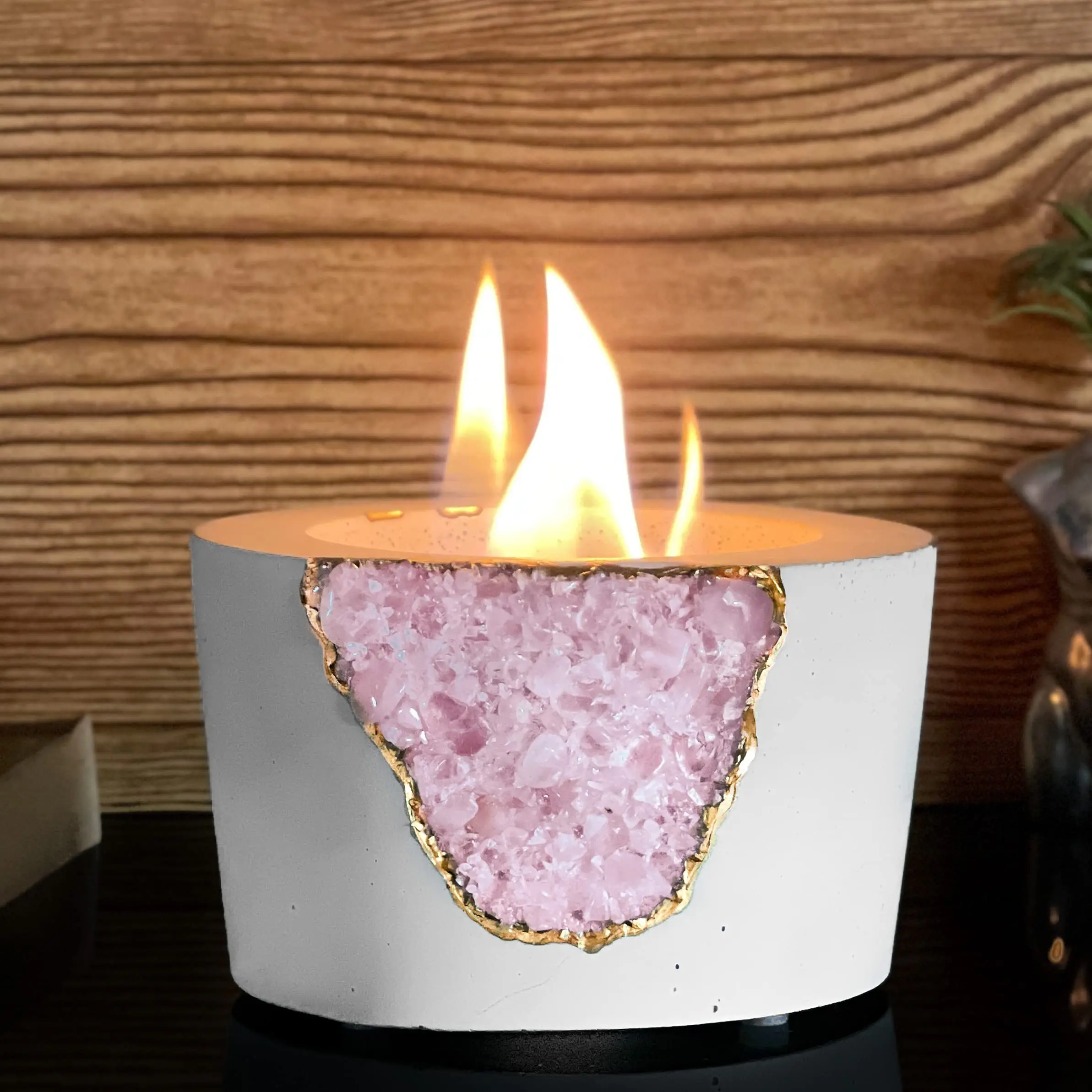Rose Quartz Mini  Bowl Outdoor Decor Portable Table Top Small Chiminea Meditation Bowl Geode Candle Holder Concrete Fire Pit