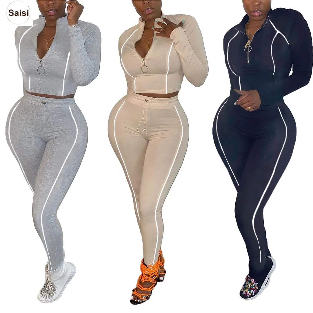 
Fashion Fall Reflective Clothing Women Ladies Matching Jogging Pant Sets 2020 Women Sweat Pants Suits 2 Piece Outfits Joggers 