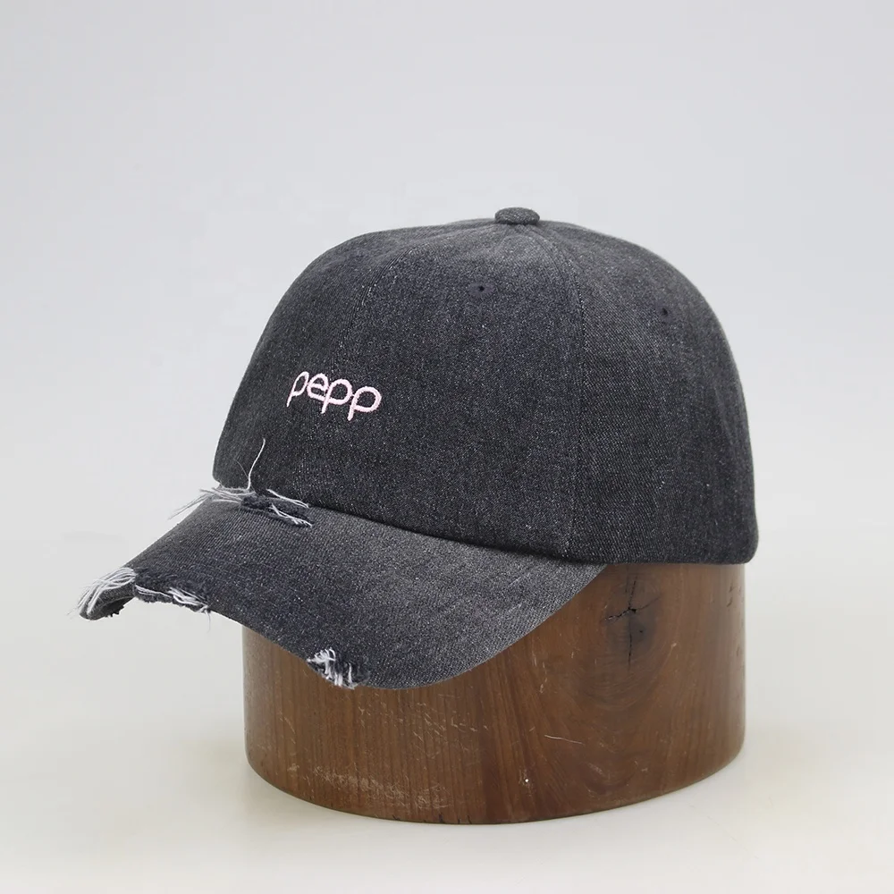 Custom color popular fashion retro washed distressed denim baseball cap vintage look ripped baseball cap