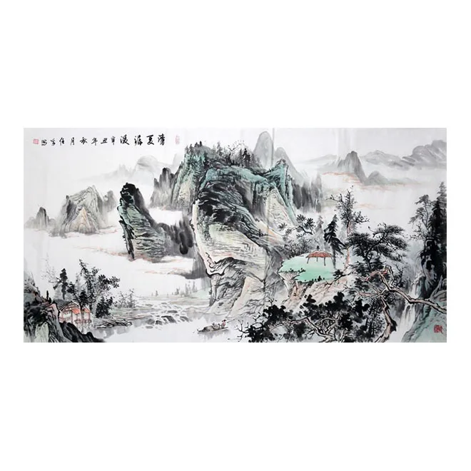 Чернила и мытье пейзажной живописи охватывающей реки текущую воду чтобы создать богатство каллиграфии