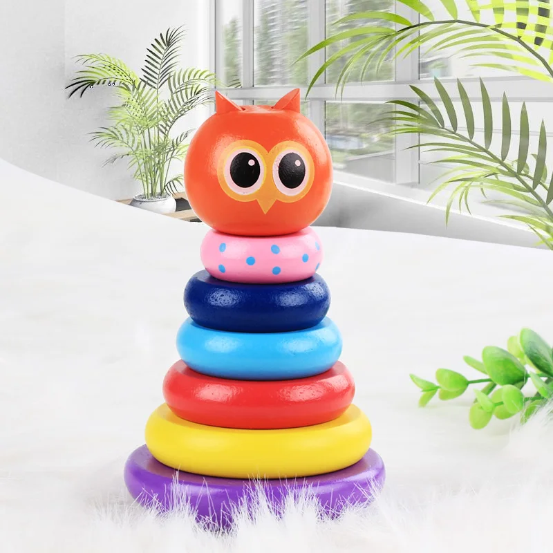 Shape Color Recognition Wooden Tumbler Rainbow Tower Wooden Rainbow Stacker