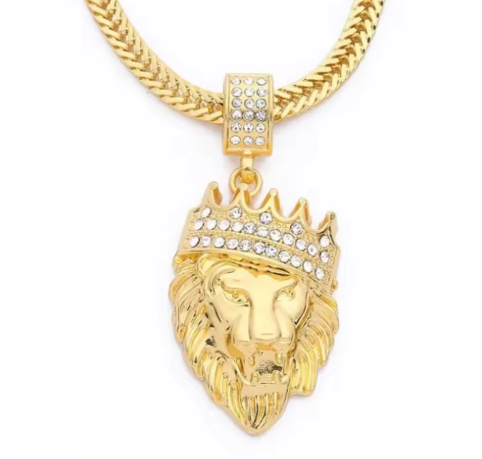 NJC Hip Hop Jewelry Iced Out Clear Rhinestones Curb Cuban Chain Gold Crown Lion Head Pendant Necklace For Men Women