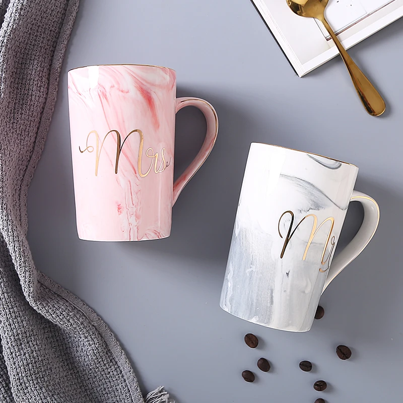 M025 High Quality Wholesale Custom couple mr and mrs set of 2 marble ceramic coffee cup mugs gift box set with lids and spoons