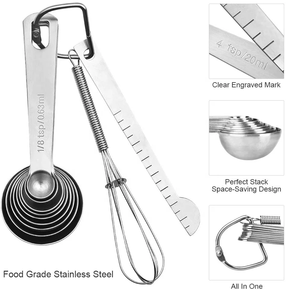 Мерные ложки из нержавеющей стали, набор из 11 штук, мерные ложки, выравниватель и венчик, набор кухонных измерительных инструментов