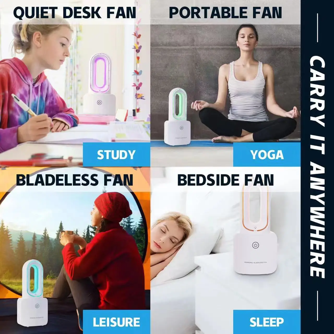 Desk Fan Small Bladeless Personal Fan Quiet Mini Table Fan Rechargeable Air Multiplier with 6-Colors LED Ambient Light