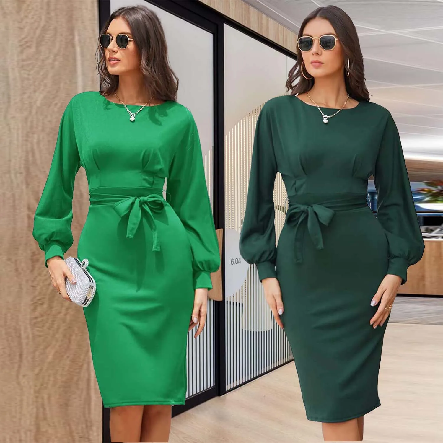 women Vintage V-Neck Empire Waist Knee Length 3/4 Sleeve Work Business office Bodycon Pencil Dress with pocket For Spring Summer