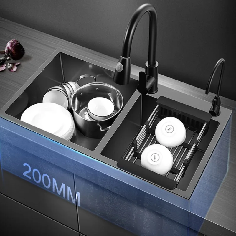 Professional Factory Square Washing Black Handmade Double Bowl Sink Tap Kitchen,  Kitchen Sink Stainless