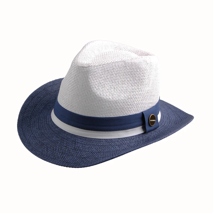 wholesale summer men women Unisex tow color mixed metal button Panama style Jazz beach Fedora Straw Hat for travel outdoor