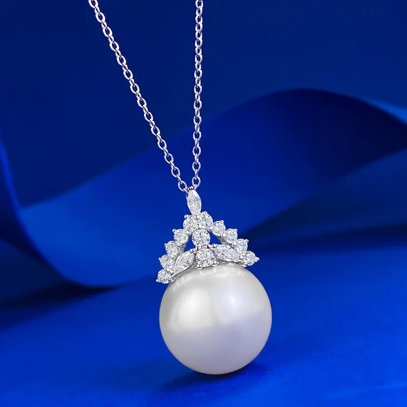 Europe And America New S925 Silver Zirconia Jewelry, Crown Design 16mm Pearl Necklace Pendant Female Daily Fashion