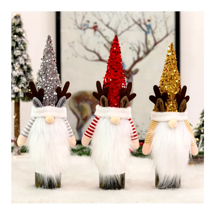 Manufacturer New Customized Craft Christmas White Plush Beard glitter hat Santa Claus doll Toys bottle cover