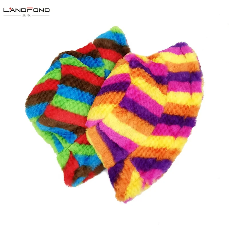 Landfond accessory Rainbow striped rabbit plush fisherman hat women winter thick warm bucket hats