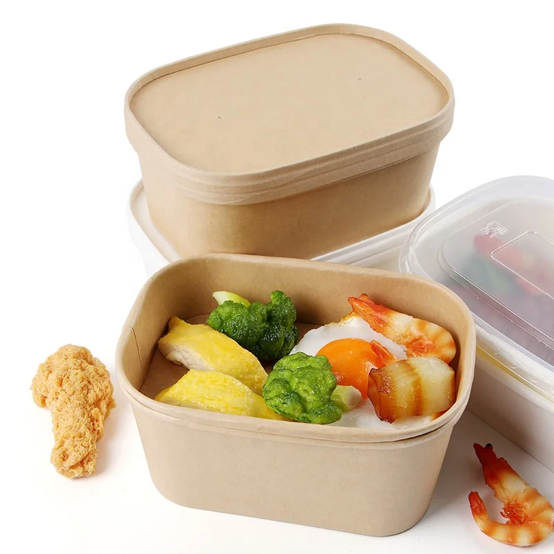 In Stock Rectangular Paper Containers Pla Pla Dome Lid Rectangle Paper Bowl Bibimbap For Take Away