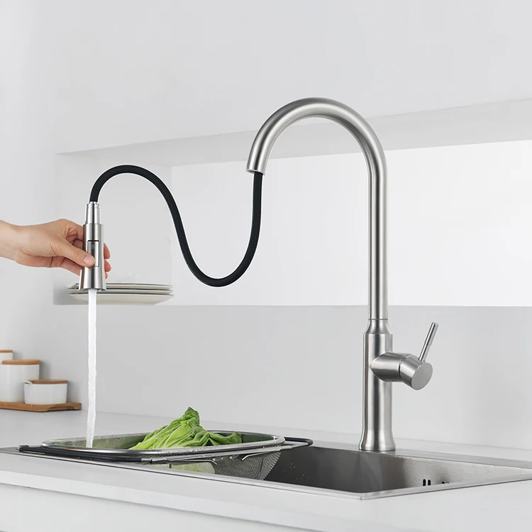 SANIPRO Stainless Steel 360 Degree Rotating Sink Cold and Hot Water Mixing Faucet Kitchen Pull Out Tap