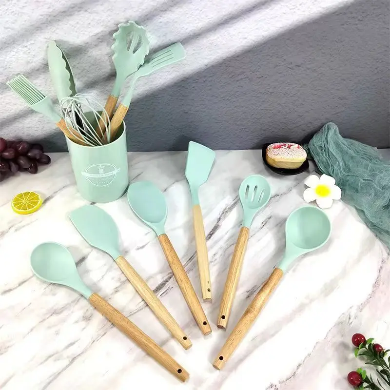 11pcs Silicone Cooking Kitchen Utensils Set, Wooden Handles Cooking Tool BPA Free Non Toxic Silicone Turner Tongs Spatula