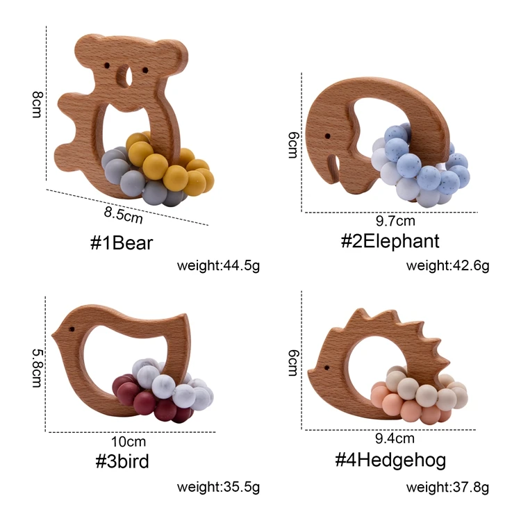 Olive Oil Natural Wooden Food Grade Silicone Baby Animal Teether Chewing Bracelet Rattle
