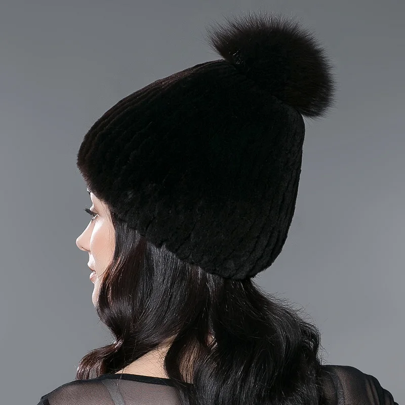 Real Rabbit Fur Hat Female Thick Warm Winter Hats For Women Fashion Luxury Knitted Beanie with Fur Pompom