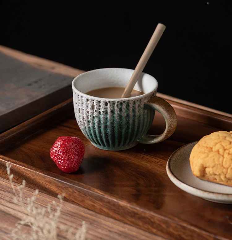 Japanese Retro Handmade Espresso Cup And Saucer Ceramic Set 220ml Striped Coffee Cup With Spoon And Saucer Set