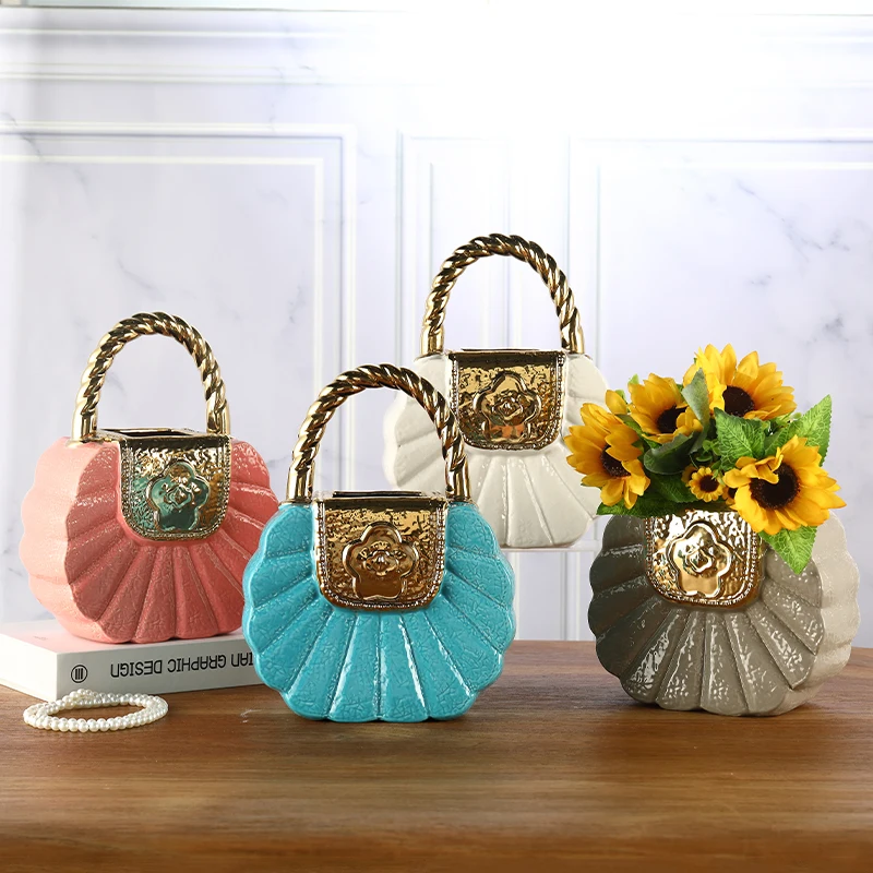 Винтажная тисненая розовая/синяя Цветная Керамическая Ваза в форме мешка для стола декора гостиной