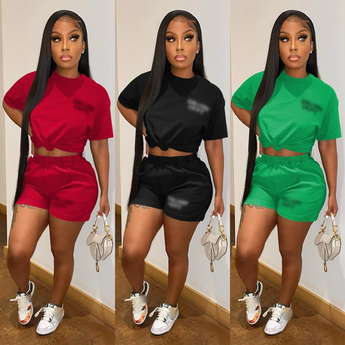 Wholesale designer clothing short sleeve t shirt and short 2 piece set fashion black two piece shorts set for women
