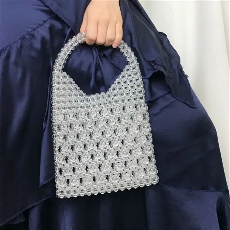 
Ручной работы прозрачный жемчужные бусы с плетением и перфорацией сумка-тоут сумка женская летняя обувь с акриловым бисером клатч, сумка в руку, вечерняя сумочка для вечеринки 