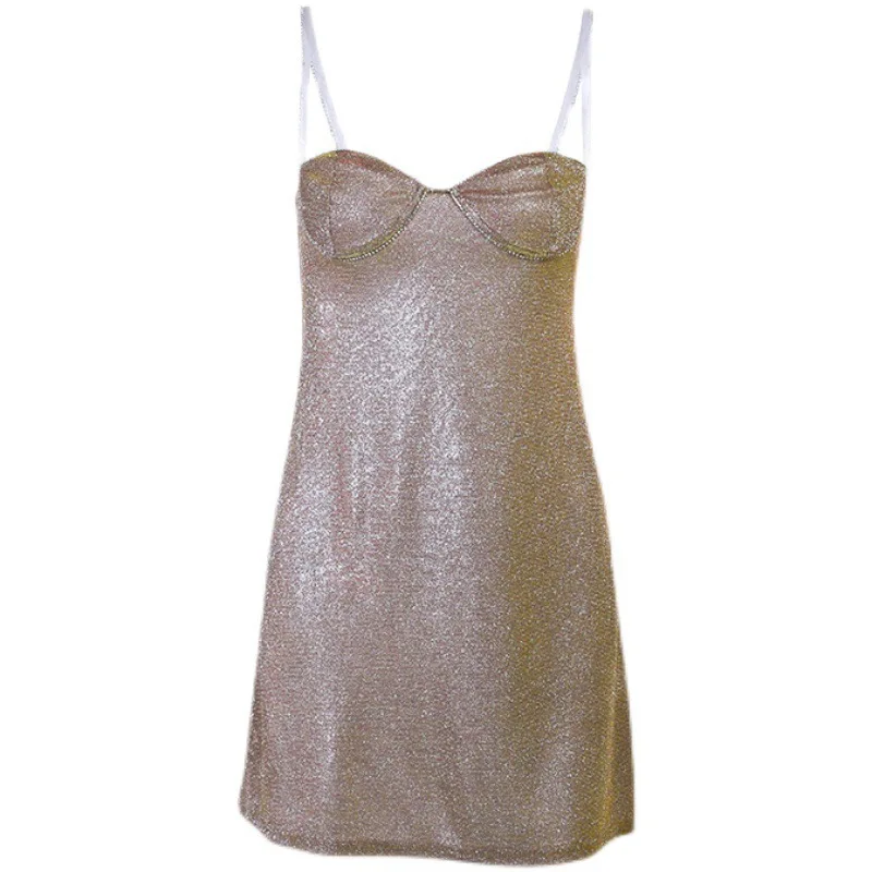 Ladies Fashion Elegant Hot Sexy Polyester Sparkle Drawstring Nude Body Shaper Sequin Chain Sleeveless Rainbow Dresses For Ladies