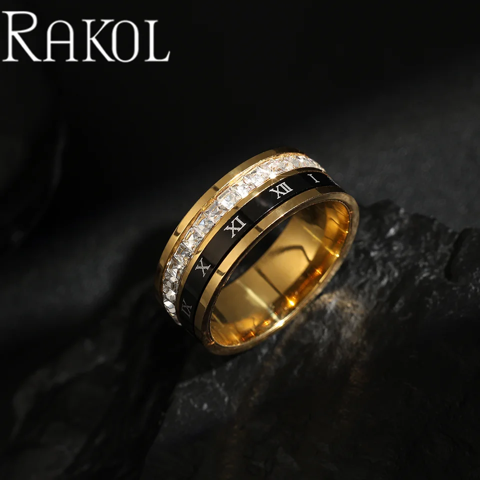 RAKOL ZPR1449 Korean Version Cross-border Full Set Zircon Rotatable Roman Numeral Stainless Steel Ring