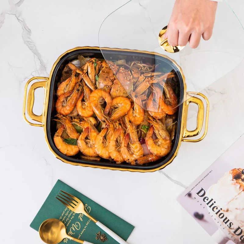 Hotel Equipment Catering Rectangle Shape European Luxury Set Ceramic Dry Pot Food Warmer Set