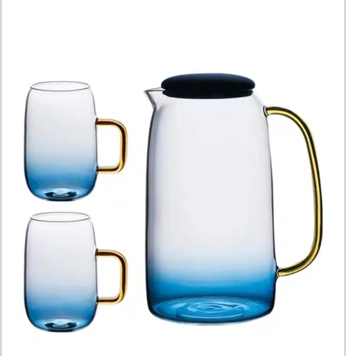 
High Quality 1.5L Blue Crystal Clear Borosilicate Glass Water Pot/ Jug/ Pitcher with Gold Handle 