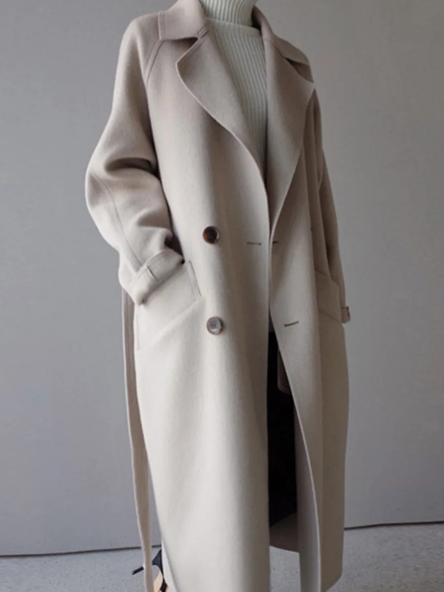 
Women Wide Lapel Belt Pocket Wool Blend Coat Oversize Long Trench Coat Outwear Wool Coat Women 