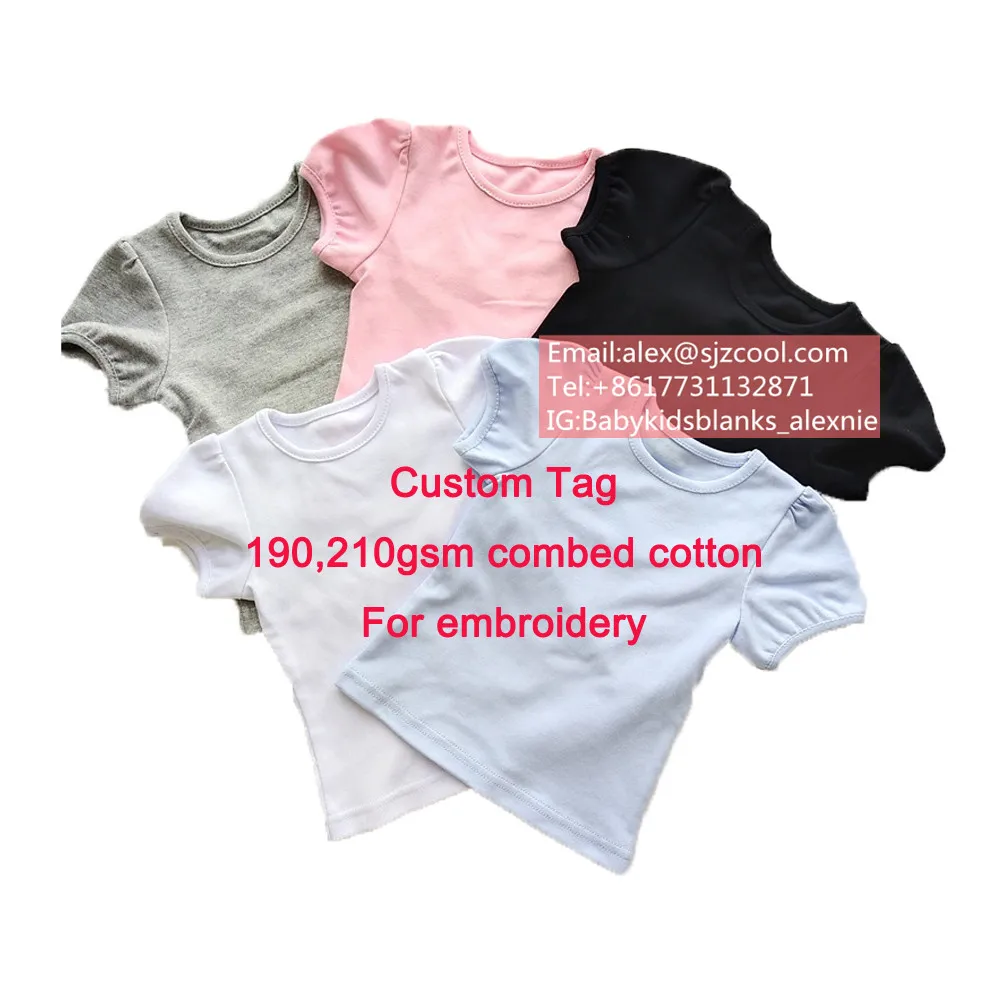 Custom girls blank t shirts kids baby girl clothes summer top tees toddler tshirts puff sleeves white t shirts 100% cotton