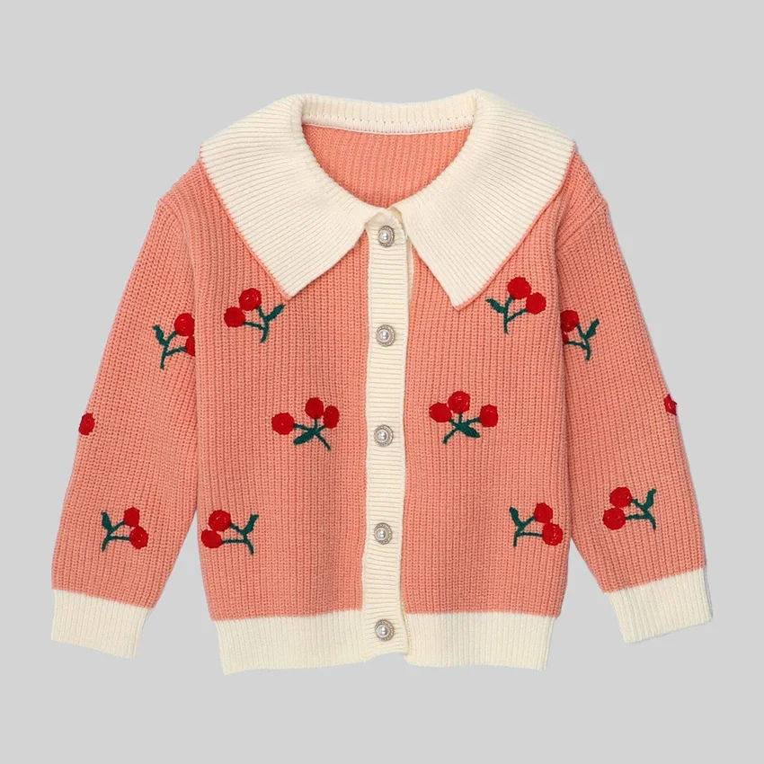 Оригинальный полукардиган вязаный свитер-поло с вышивкой вишни для маленьких девочек