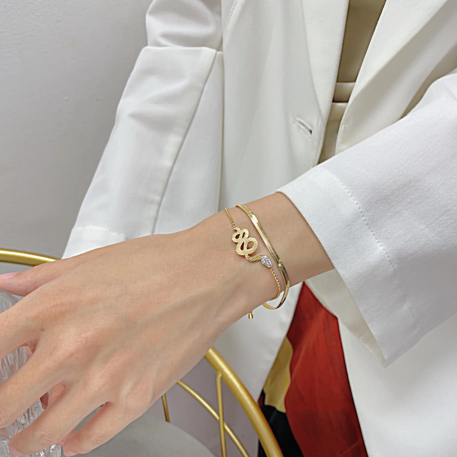 18K Real Gold Plated Layering Beaded Bracelets Blade Flat Snake Chain Stainless Steel Bracelet For Women Jewelry