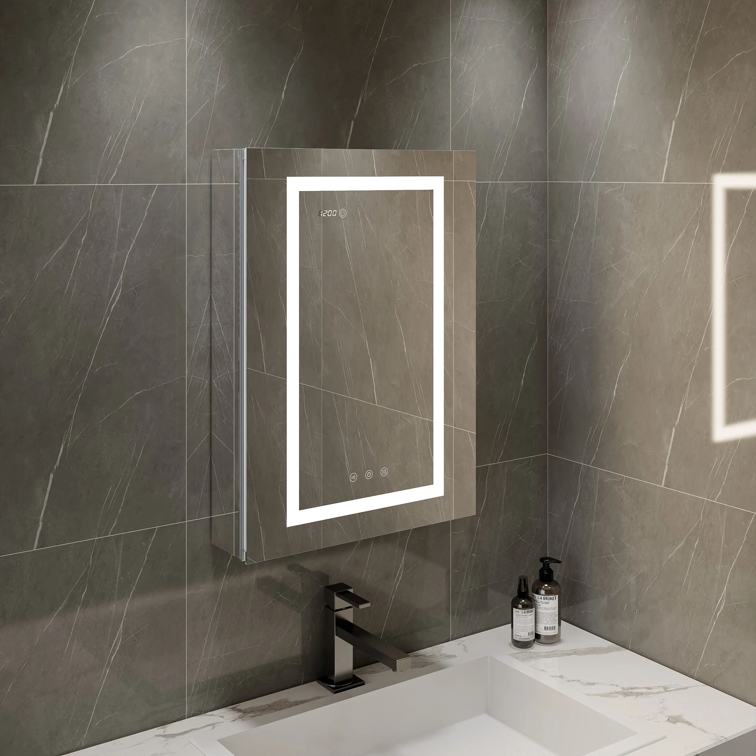 Clock And Temper Display Adjustable Shelves 3-Color Lights Defogger Smart Led  Bathroom Surface Mount Mirror Cabinet