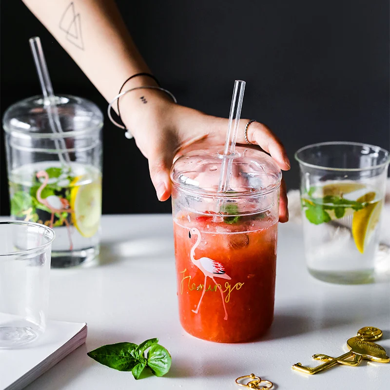 Customize OEM Logo Printing Borosilicate Glass Drinking Cups With Straw