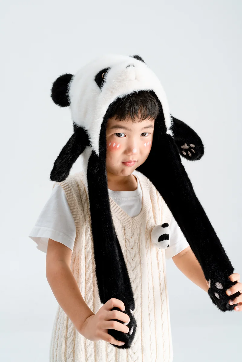 Wholesale cute stuffed animal head hats stuffed animal panda plush hats kids winter