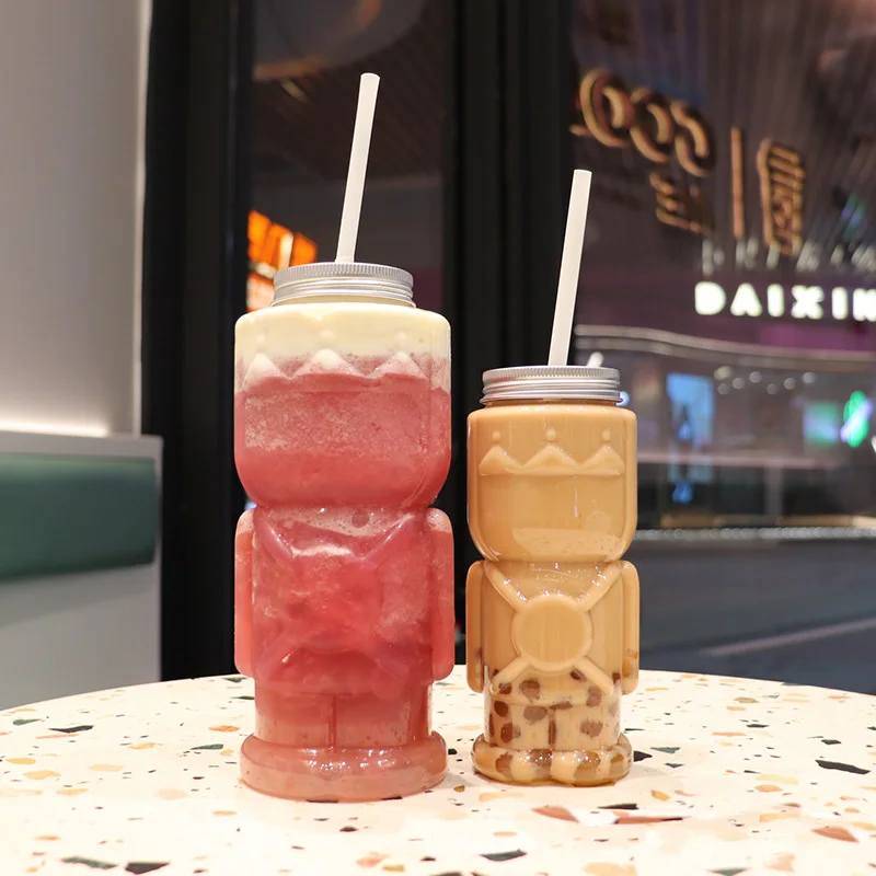 Christmas Hot Selling Gingerbread Man Guard Milk Tea Bottle Disposable Clear PET Plastic Juice Bottles With Caps