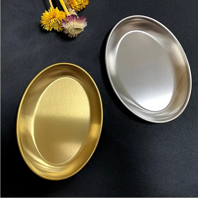 Wholesale custom multiple specification Korean style silver gold oval stainless steel food serving trays  plates for  cooking