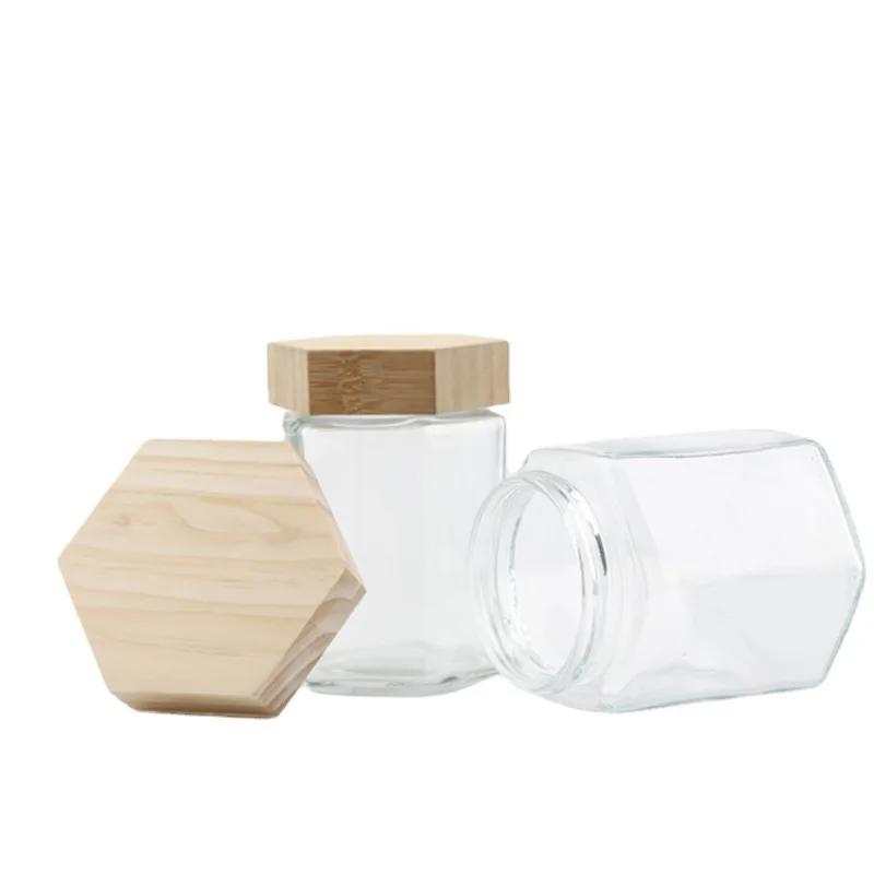 New hexagon glass honey jar with wooden cover and stick