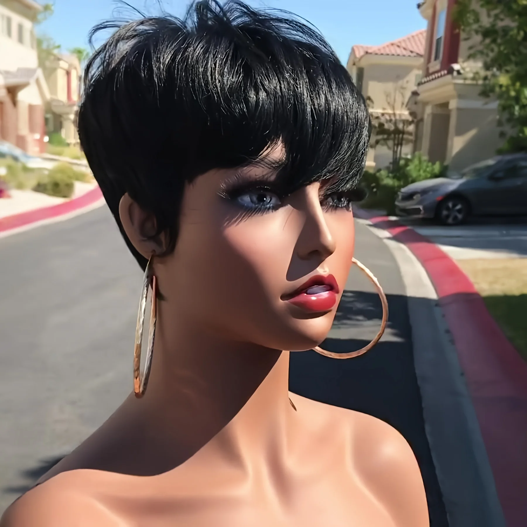 Full Machine Made None Lace Front Wig Nature Black Short Haircut Wig With Bangs Wig Brazilian Human Hair Pixie Cut