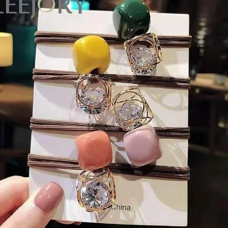 Korean hollow rhinestone square head rope hair tie Spring new rubber band hair accessories