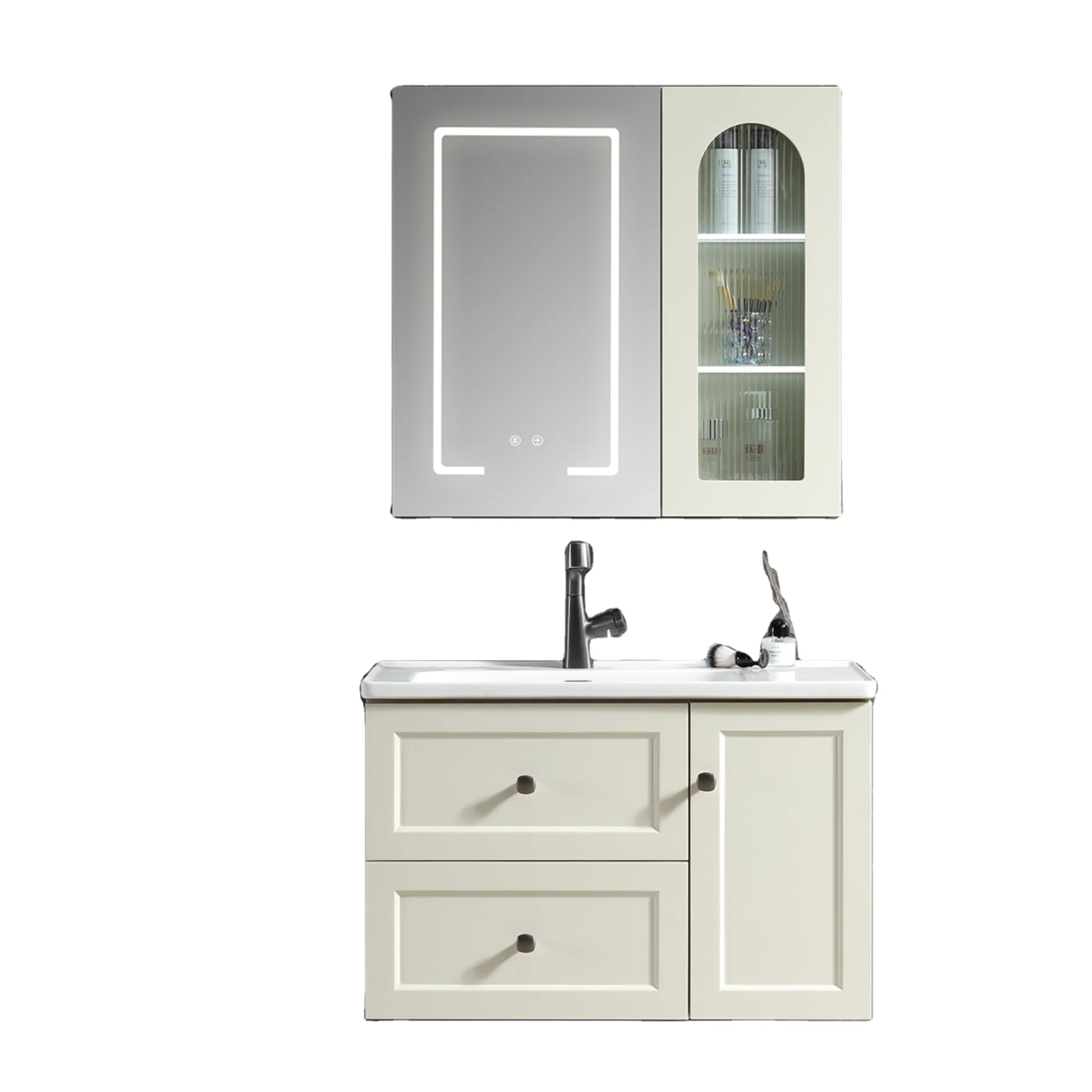 Light Luxury Single Basin Vanity Single Sink PVC Storage Bathroom Vanities With Countertop Hand Wash Basin With LED Mirror