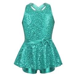 Kids Girls Jazz Tap Ballet Dancewear Sleeveless Sequined Cross Back Waist Bowknot Modern Dance Leotard Dress